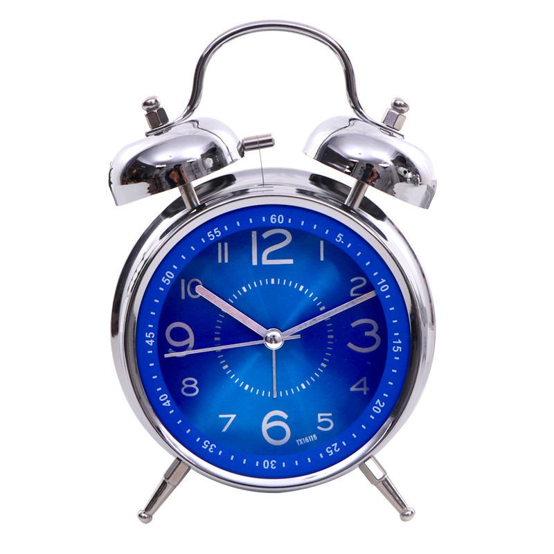 蓝色镭射面创意金属打铃静音闹钟夜灯学生儿童时尚简约卧室小闹钟