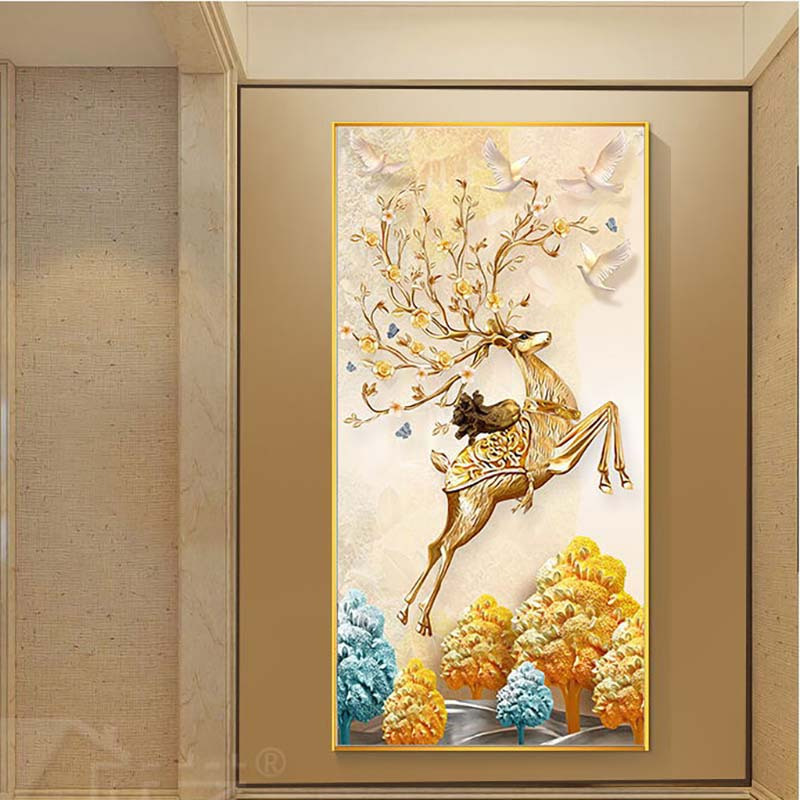 红绿蓝博艺新中式入户玄关装饰画福鹿百财现代简约客厅过道壁画北欧轻奢风墙面福禄进财挂画50x100cm