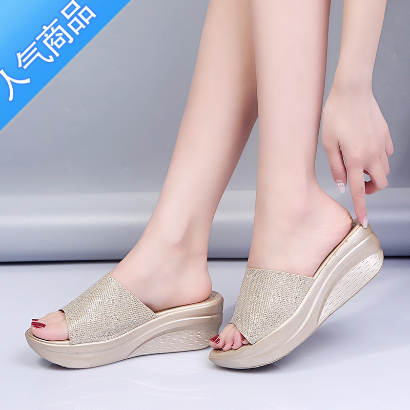 SUNTEK坡跟拖鞋女外穿夏2023新款夏季松糕百搭厚底增高坡跟夏天网红凉拖