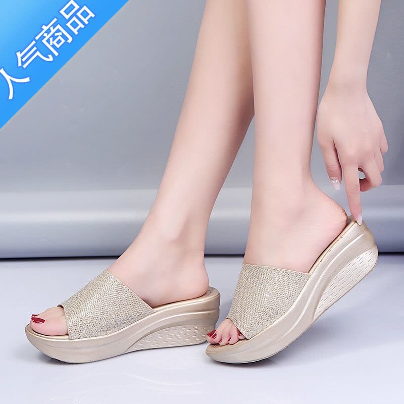 SUNTEK坡跟拖鞋女外穿夏2023新款夏季松糕百搭厚底增高坡跟夏天网红凉拖图片