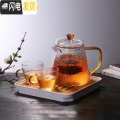 三维工匠耐热锤纹玻璃茶壶茶水分离泡茶壶套装家用过滤单壶水壶耐高温加厚 450ml锤纹壶+2个锤纹杯+四方竹盘白色_823