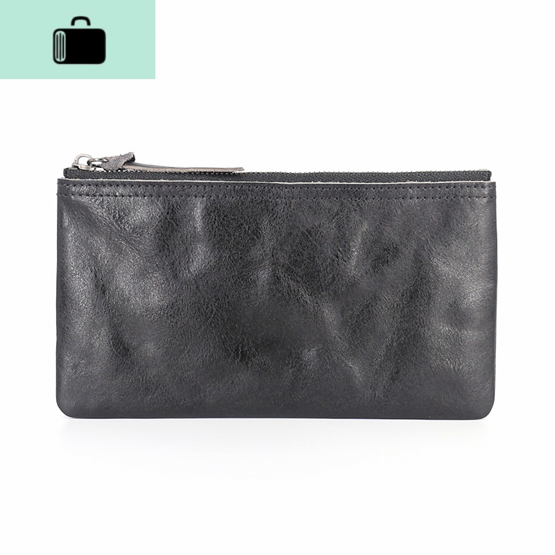日韩植鞣牛皮长款零钱袋男士皮皱褶复古拉链手机包收纳包卡包女NEW LAKE女士钱包/卡包 黑色