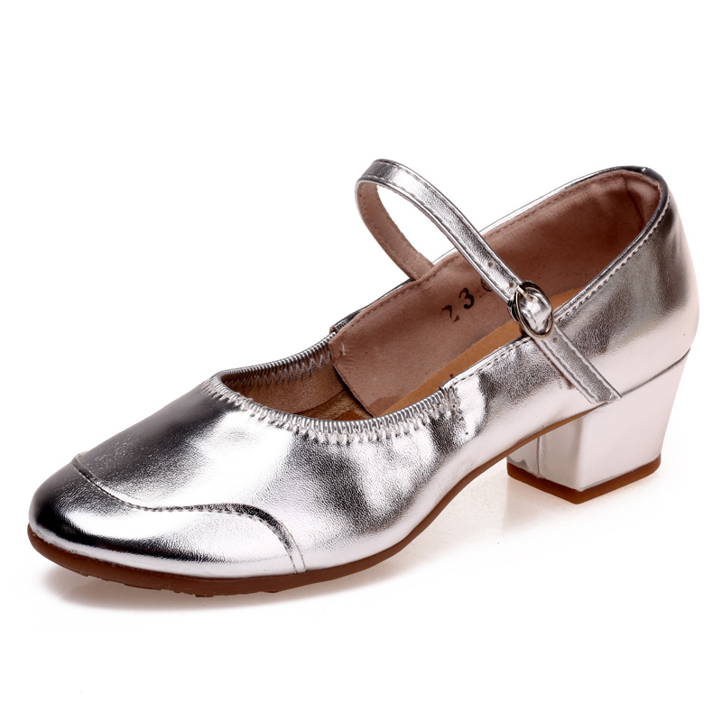 春秋季广场舞蹈鞋女软底中跟牛筋底跳舞鞋红银色交谊舞演出练舞鞋