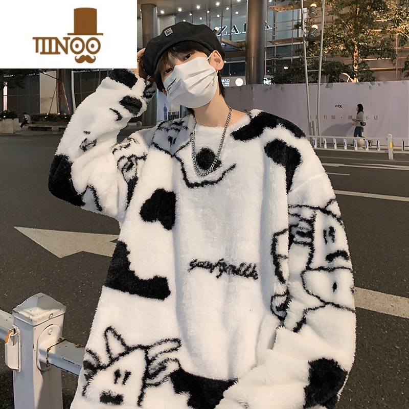 YANXU羔毛卫衣男加厚套头青少年潮牌ins摇粒绒日系学生圆领外套高清大图