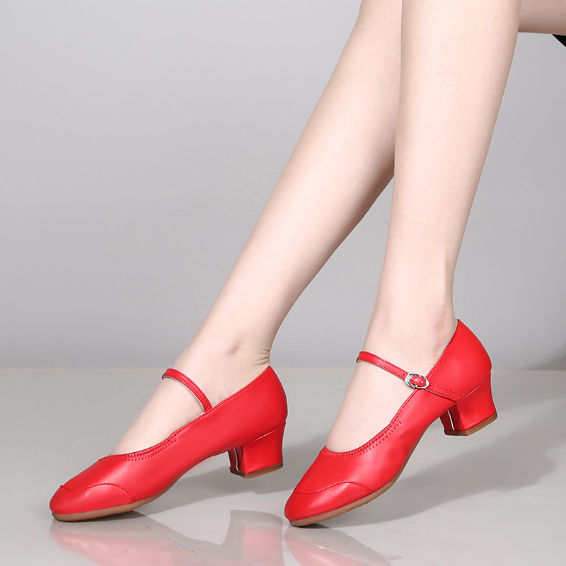 新款广场舞蹈鞋女真皮演出女士跳舞鞋金银色软底气舞鞋中跟舒适真皮鞋