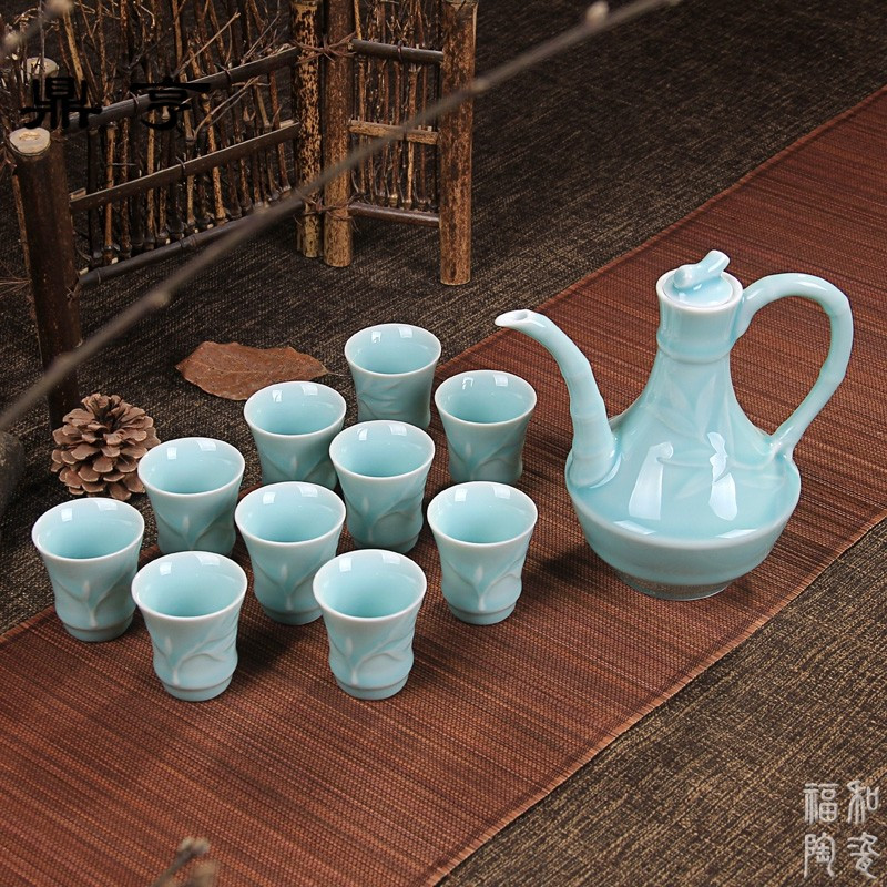 鼎亨仿古青瓷白酒酒具套装陶瓷酒壶黄酒小酒杯分酒器高脚杯