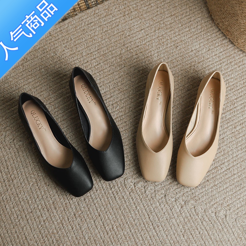 SUNTEK舒适中跟单鞋女2023春季新款粗跟浅口纯色不累脚工作高跟鞋女高清大图