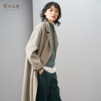 鄂尔多斯1980 通勤简约中长款女士羊绒大衣百搭双排扣毛呢外套