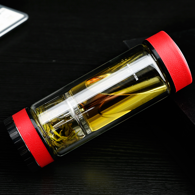 金镶玉 茶杯 办公杯茶水分离杯双层玻璃杯商务杯 泡茶杯礼品杯带过滤创意杯 红色旋中玄泡茶杯(10个以上可定制)