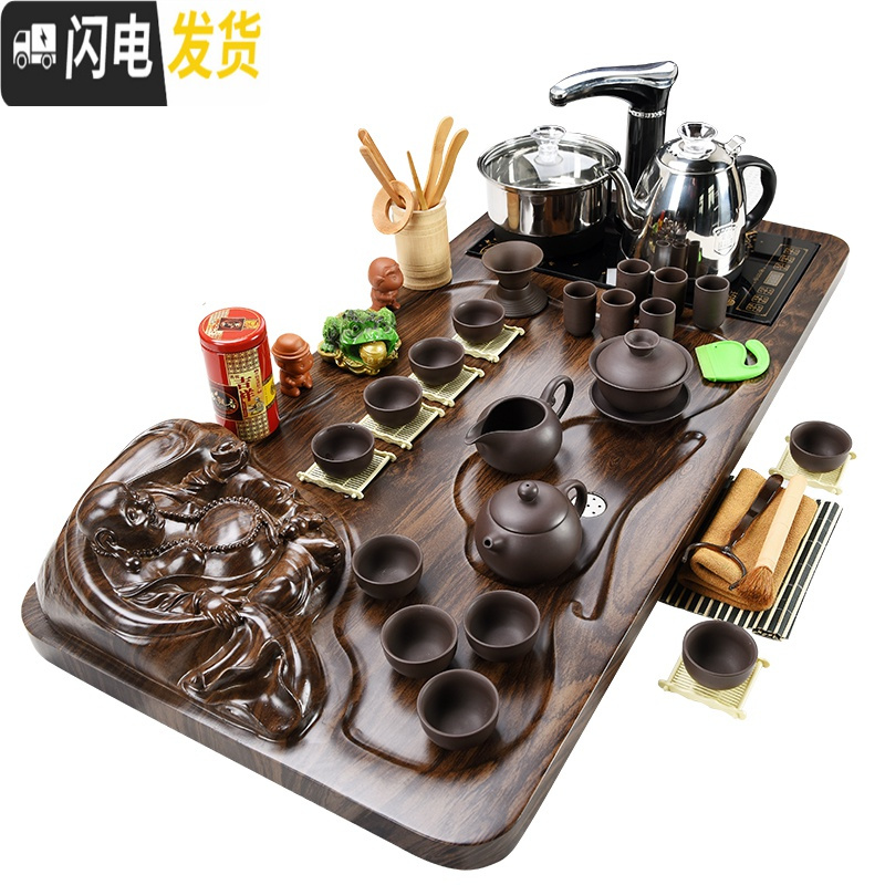 三维工匠功夫茶具套装简约家用整套陶瓷茶杯茶海全自动茶台茶道实木茶盘 2立体貔貅+山水+黑色送桶