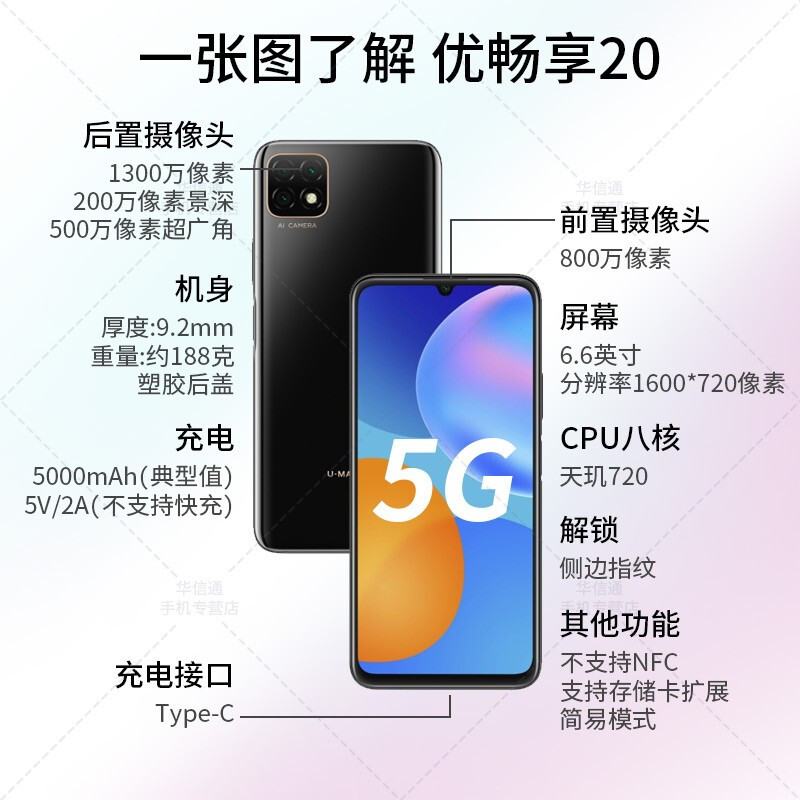 [华为智选]优畅享20 6GB+128GB 樱雪晴空 全网通5G版 天玑720芯片 大电池 6.6英寸高清大屏 智能拍照