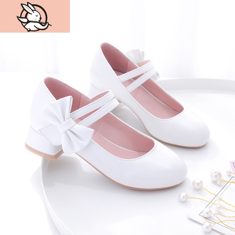 huayangtu儿童高跟单鞋公主走秀软底小女孩表演出皮鞋学生白色礼服