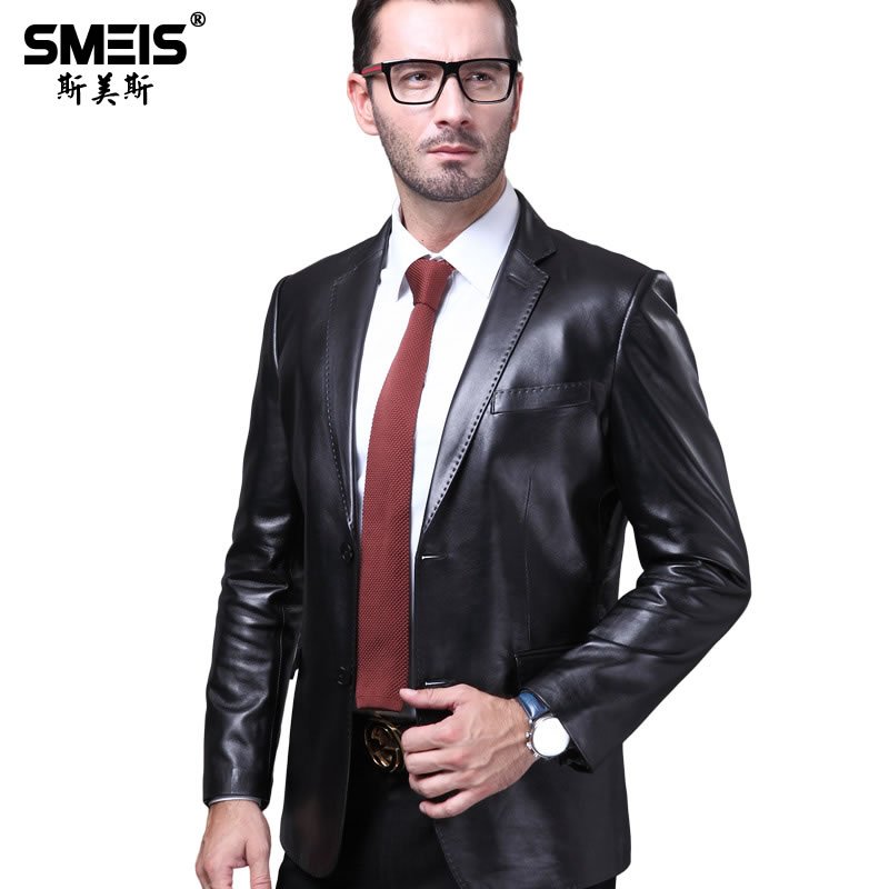 真皮皮衣男新款中年真皮西装男士皮衣男真皮绵羊皮西装领海宁真皮皮衣