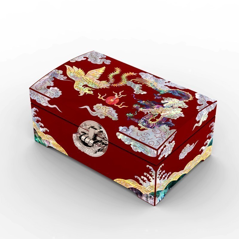 家柏饰(CORATED)结婚首饰盒木质螺钿漆器珠宝盒复古中式手饰品收纳盒 龙凤款绒布鱼锁