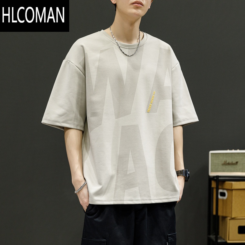 HLCOMAN短袖t恤男士夏季薄款冰丝宽松大码胖子潮牌体恤半截袖休闲上衣服