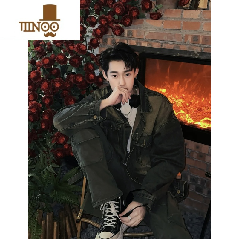 YANXU美式高街网红水洗黄泥复古牛仔外套后背字母夹克做旧宽松情侣男女高清大图