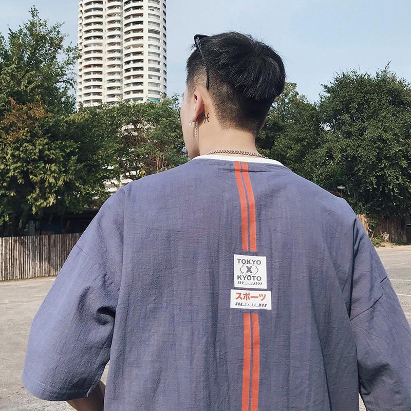 夏款日系条纹印花短袖T恤原宿复古帅气 半袖体恤圆领男装学生宽松