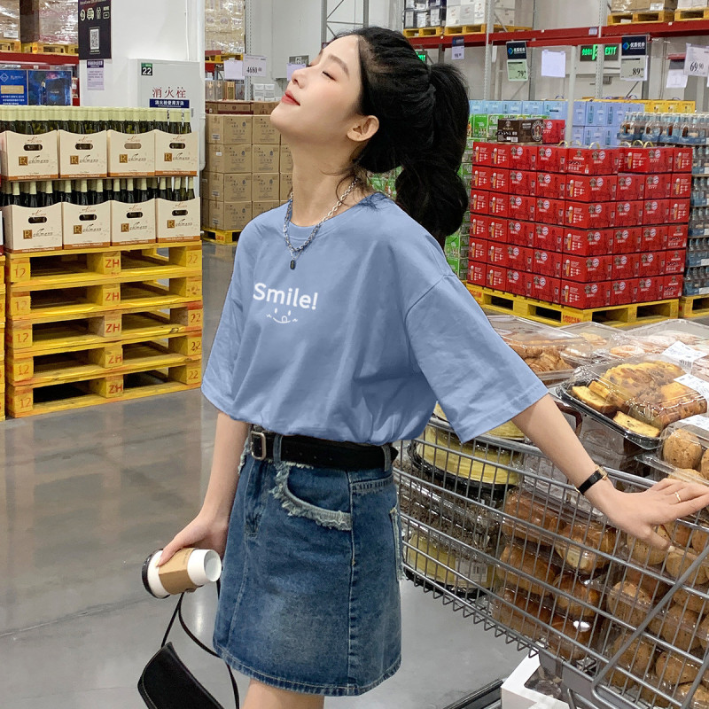 唐狮短袖t恤女夏季韩版宽松韩版宽松圆领前胸字母