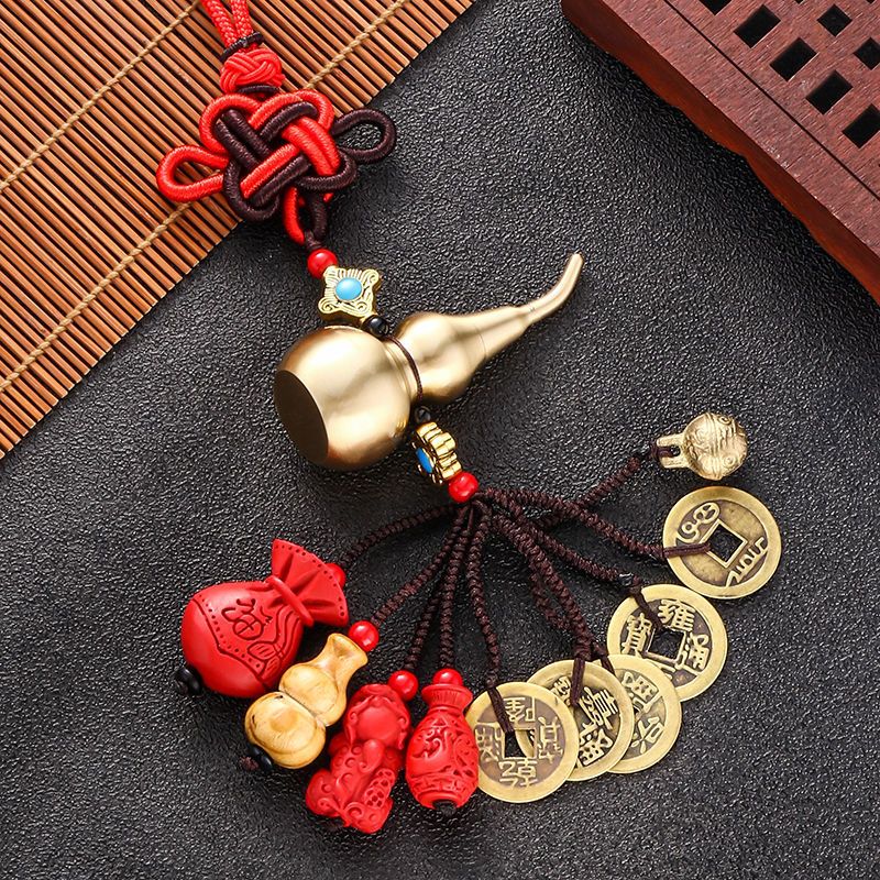 汽车挂件五帝钱挂件招财真铜葫芦车挂镇宅保平安挂饰后视镜挂件桃木