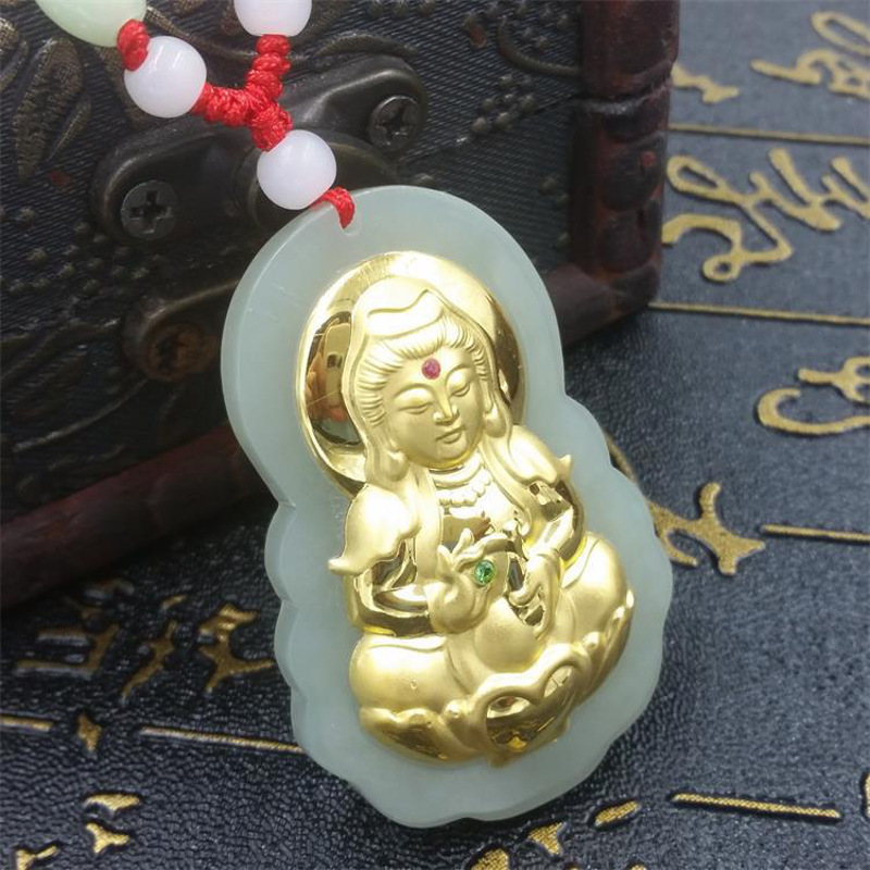 金镶玉3D硬金和田玉大号观音坠送礼4D镶嵌项链PTJWX5786送女朋友七夕情人节礼物