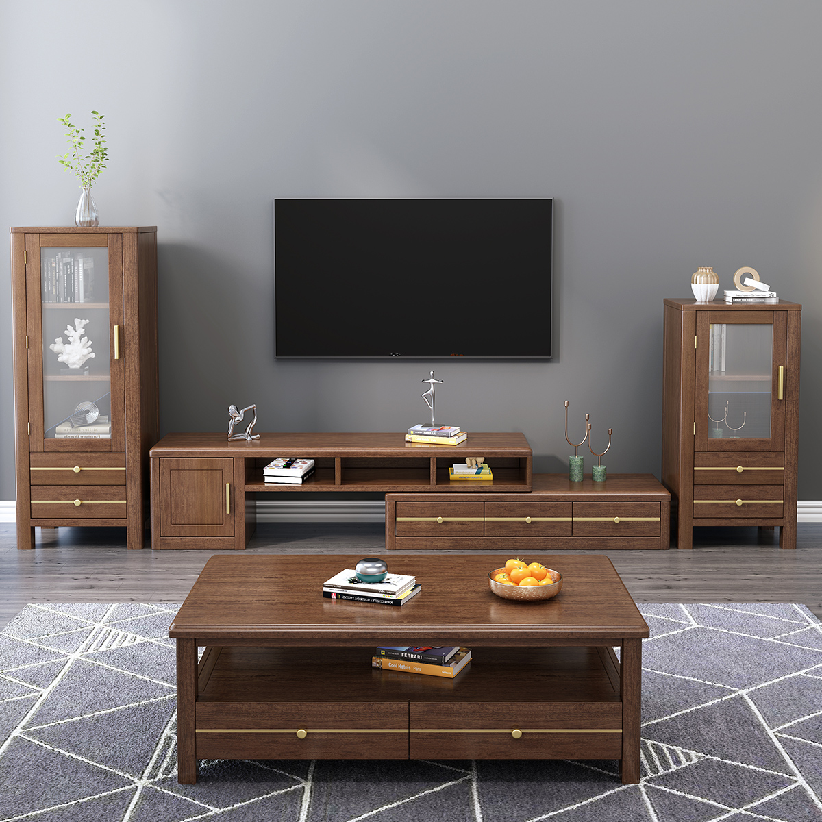 和谐爱巢 新中式实木电视柜客厅家具组合两门四抽屉落地储物收纳柜子