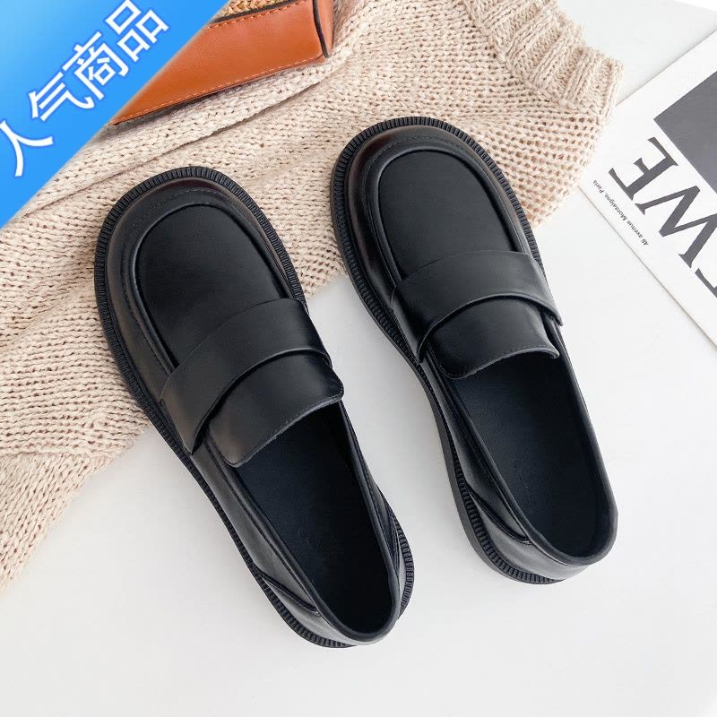 SUNTEK黑色小皮鞋女2023年新款英伦乐福鞋平底软底百搭单鞋肯德基工作鞋图片