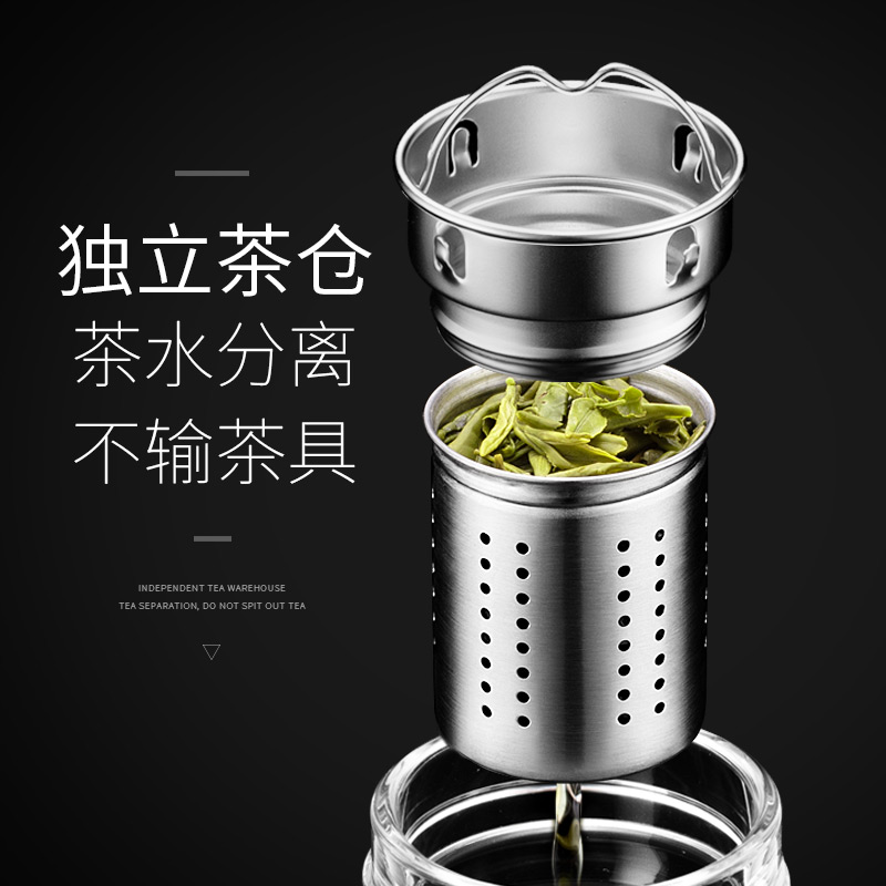 智能双层玻璃杯男女茶水分离泡茶杯便携隔热水杯子 英伦蓝高清大图