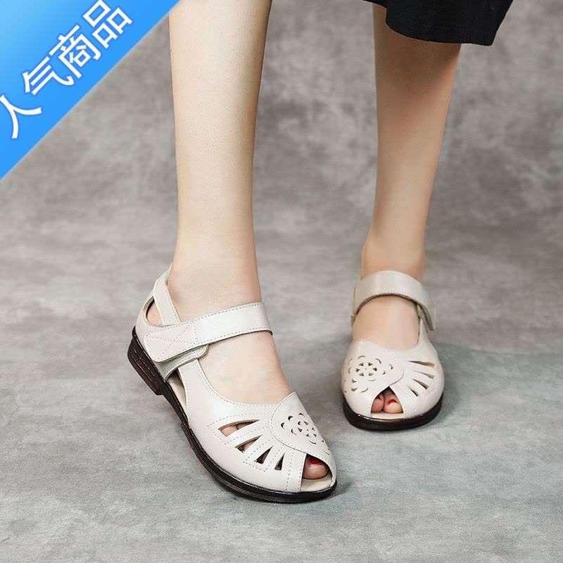 SUNTEK平底凉鞋女2023新款夏鱼嘴女鞋牛筋软底妈妈鞋休闲中老年奶奶白色图片