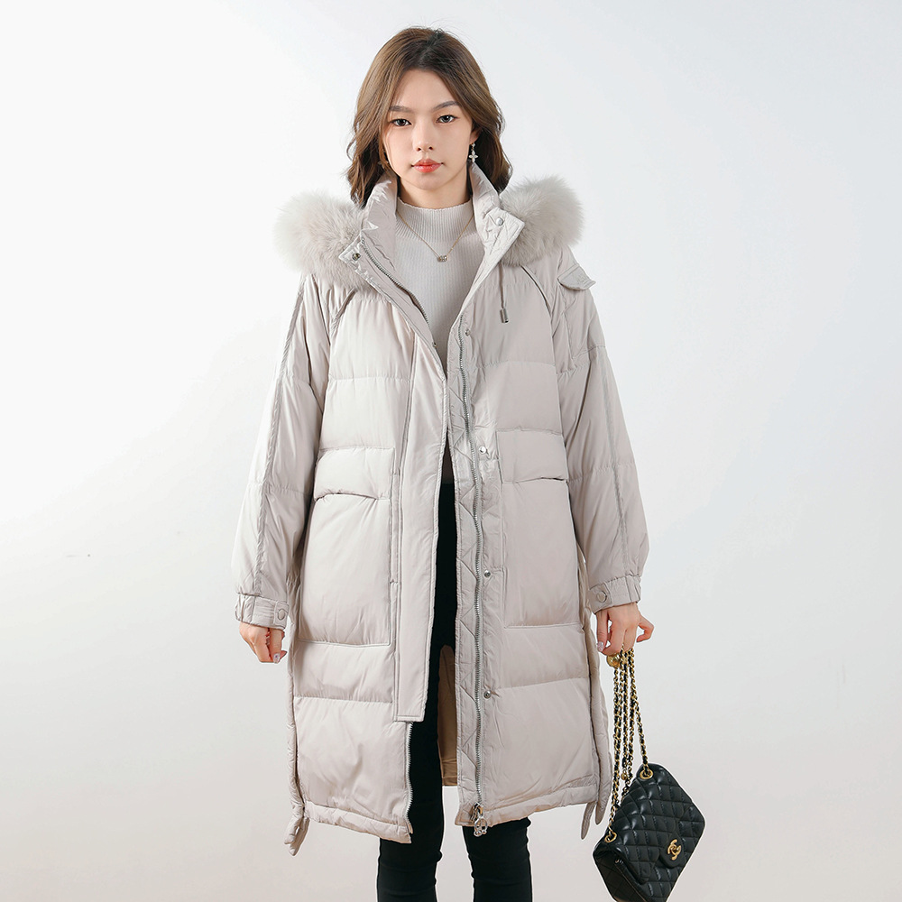 90绒女式纯色连帽中长款女装加厚款狐狸毛白鸭绒羽绒服_833高清大图