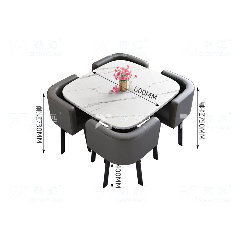 臻远 ZY4100956 简约接待桌椅洽谈桌椅 一桌四椅 白石根方桌灰色皮椅高清大图