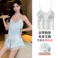 仿真丝纯欲性感睡衣女夏季薄款带胸垫吊带短裤套装冰丝女士家居服 M【160】 25806