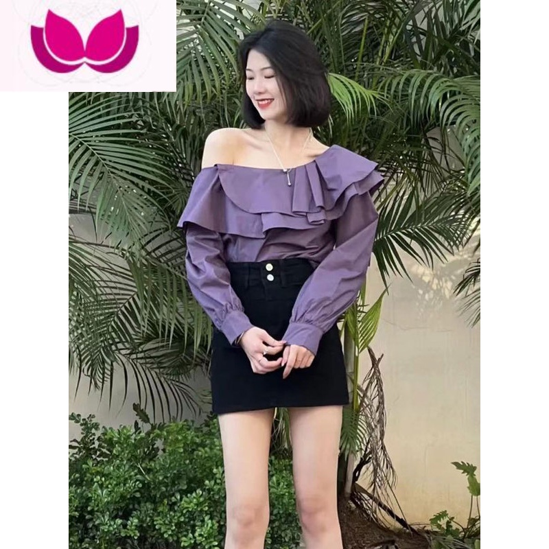 七斓春季新款一字肩上衣甜美荷叶边露肩衬衫女装韩版牛仔裙小个子套装高清大图