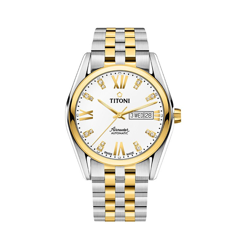 titoni瑞士梅花表男表自动机械手表空中霸王系列罗马表钢带93709sy385