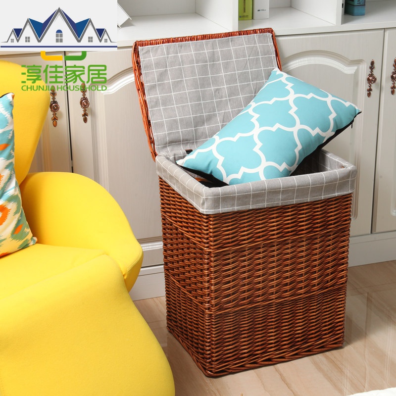 收纳筐脏衣篮藤编脏衣服收纳筐整柳脏衣篓家居玩具收纳篮 三维工匠 带盖棕色筐大方格内衬小号整柳30*25*37cm