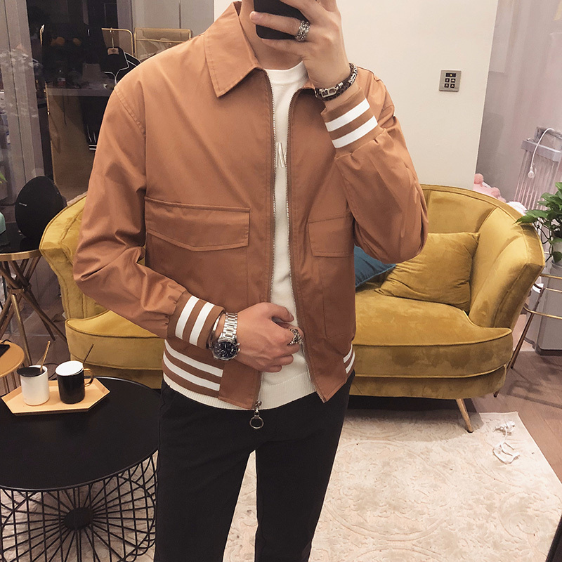 黄色2018年春夏日系翻领男士夹克 修身型短款运动服外套上衣休闲