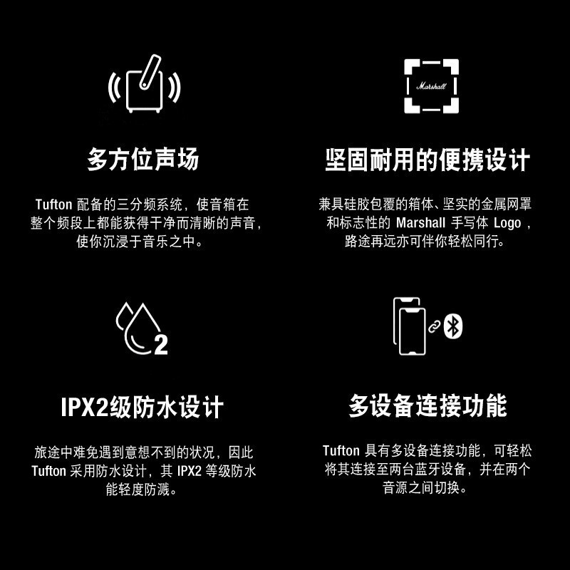 马歇尔(Marshall)TUFTON音箱手提便携式摇滚无线蓝牙低音炮家用户外音响 黑金色