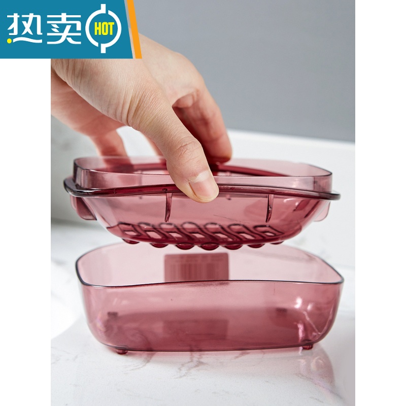 敬平创意带盖肥皂盒双层沥水香皂盒大号塑料浴室皂架肥皂收纳盒子 玫红色高清大图