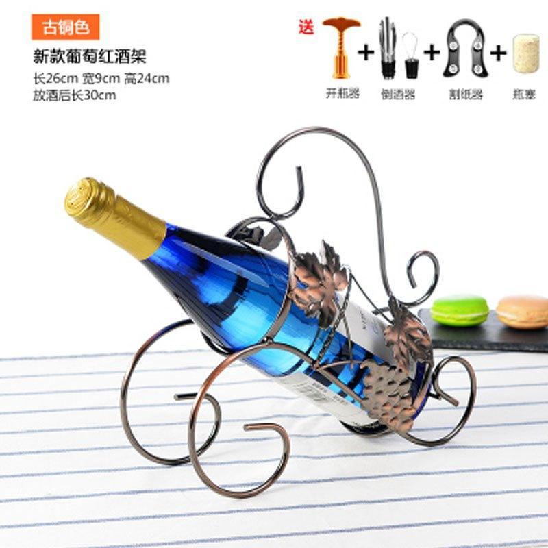 [送开瓶器+割纸器+倒酒器+酒塞]时尚家居摆设铁艺创意红酒架摆件欧式酒瓶架复古葡萄酒架子家用酒架摆饰