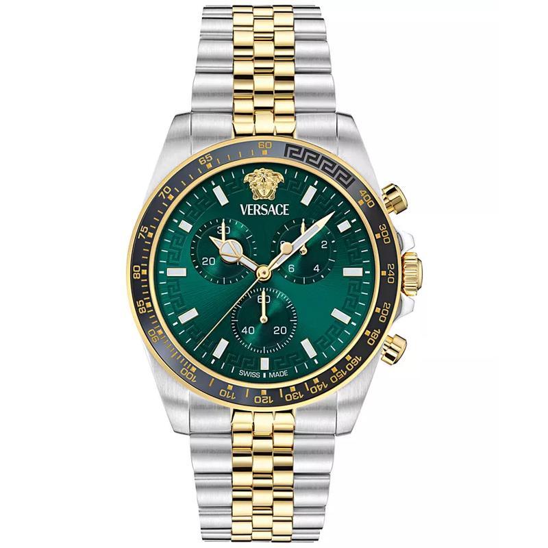 范思哲(Versace)男士石英腕表瑞士三针石英绿盘运动商务双色不锈钢腕表