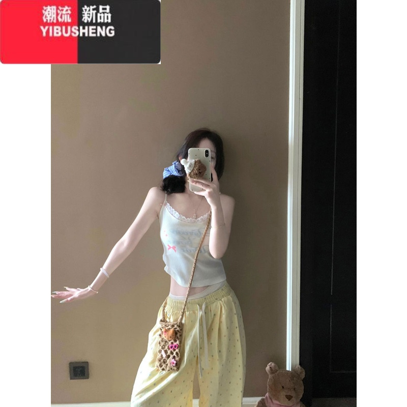 YIBUSHENG美式高街多巴胺穿搭黄色波点休闲裤女季薄款宽松垂感直筒阔腿裤