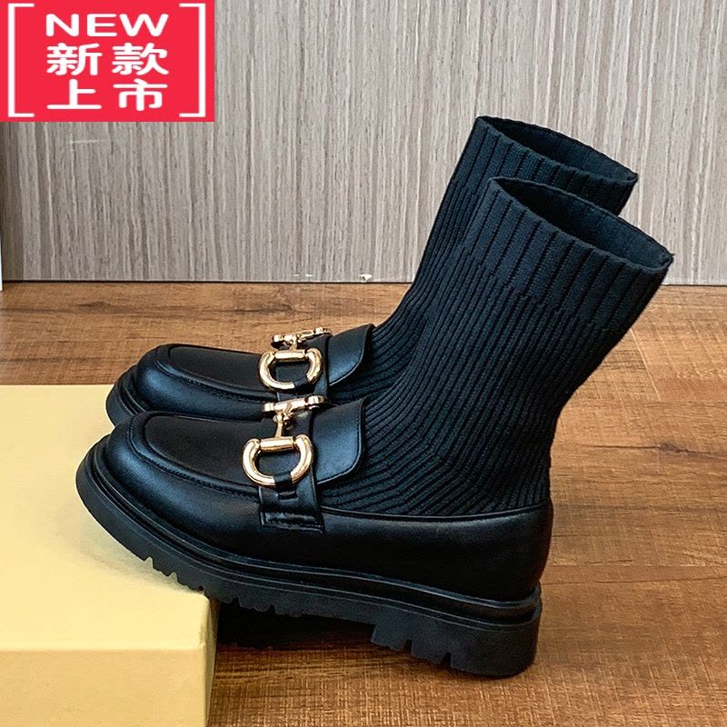 可莉允女童靴子小女孩公主鞋春秋儿童马丁靴厚底袜子鞋黑色短靴大童单靴图片