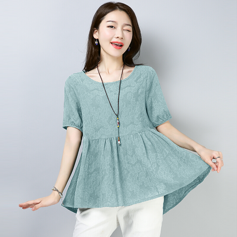 棉麻t恤女夏短袖简约宽松遮肚子显瘦大码提花纯色娃娃衫亚麻上衣