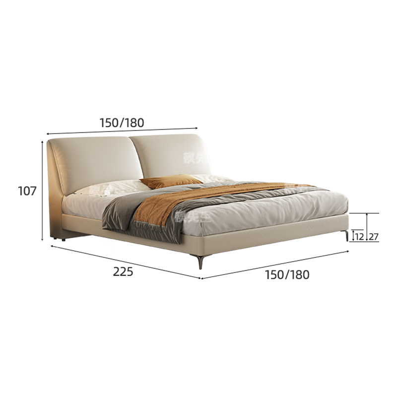 大象耳朵头层牛皮床主卧次卧双人大床实木真皮极简婚床 1.5*2.0米【9D静音钢木床板】 环保椰棕床垫-【偏硬睡感】+2柜