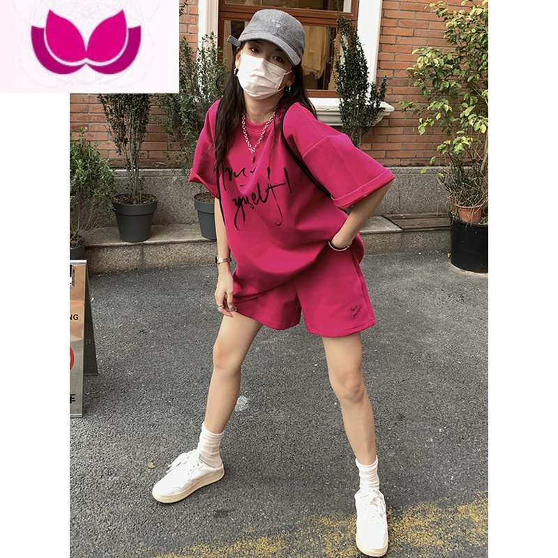 七斓2023新款运动套装女夏季宽松大码短袖短裤学生韩版时尚休闲套 红色棉质两件套 收藏送小礼物此项勿拍