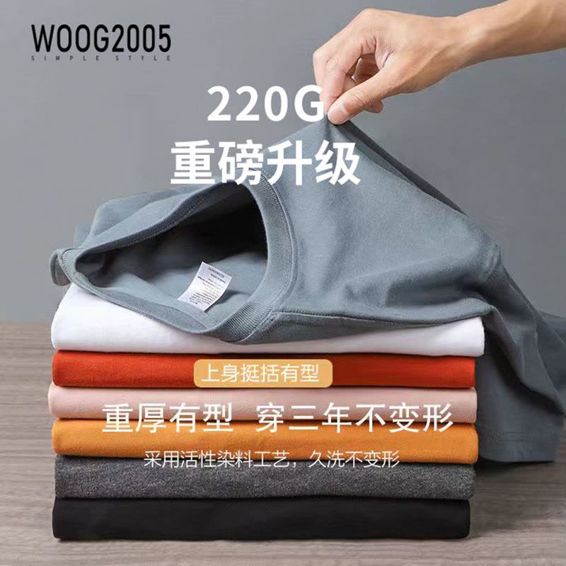 WOOG2005夏季潮牌纯色短袖男纯棉宽松t恤220g重磅不透圆领体恤图片