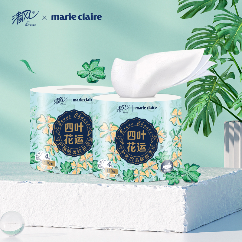 清风&&marie claire 四叶花运系列4层加厚纸巾 110g 30卷/箱高清大图