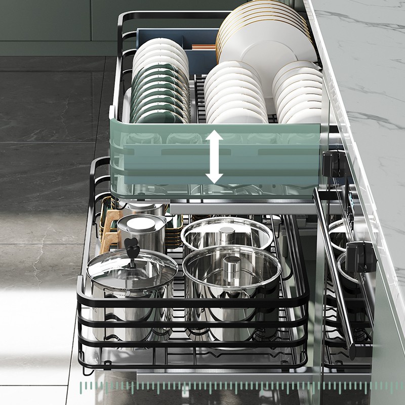 拉篮厨房橱柜双层调味碗碟柜内实心不锈钢收纳碗架抽屉式碗篮高清大图
