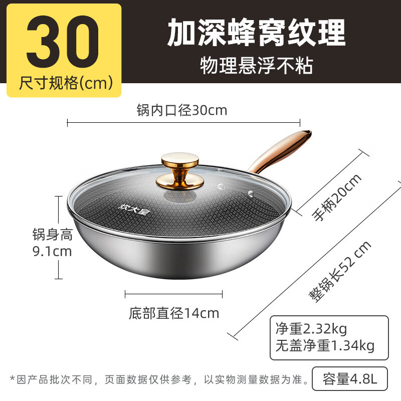 炊大皇(COOKER KING) 彩金蜂窝炒锅(带盖)CG30CJ 304不锈钢炒锅 30cm