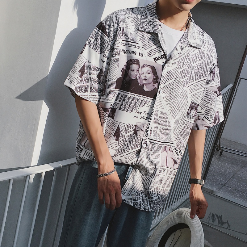 年轻夏季短袖衬衫男青年休闲青年衬衣潮胖宽松日系夏装街头潮