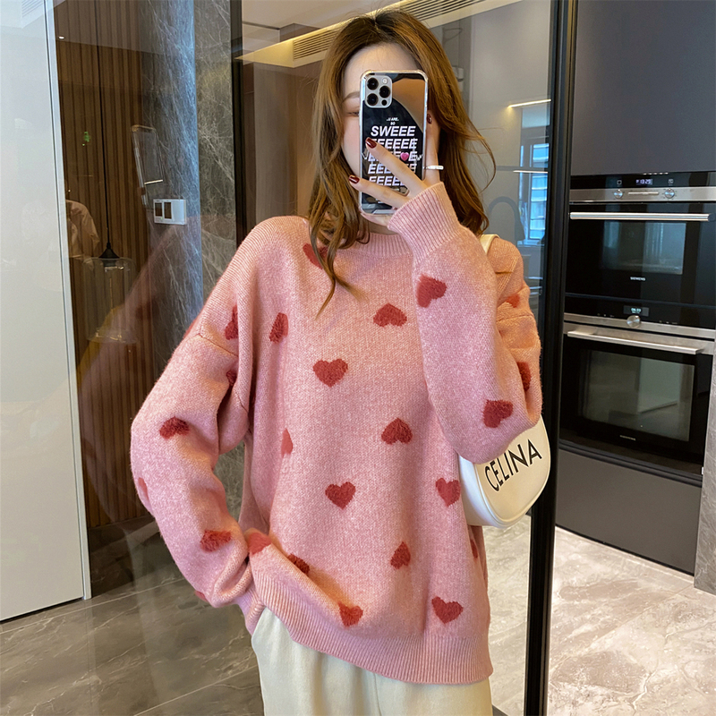 5折价1259元唐狮毛衣女秋冬新款韩版宽松型圆领爱心图案针织毛衣yd